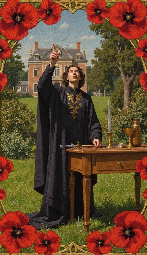 Pre Raphaelite European art style, red poppy flowers art nouveau frame.
1 man in ritual robe. One pointy finger point up to the sky, one pointy finger point down to the table. on the wooden table has a invocation ritual tools, such as wand, dagger, coin a...