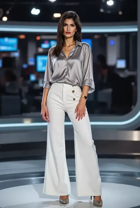arafed woman, full body image, wearing a loose shiny silver blouse and white pantalon pants, high heels, news anchor, standing in a news studio, ready to present the news.