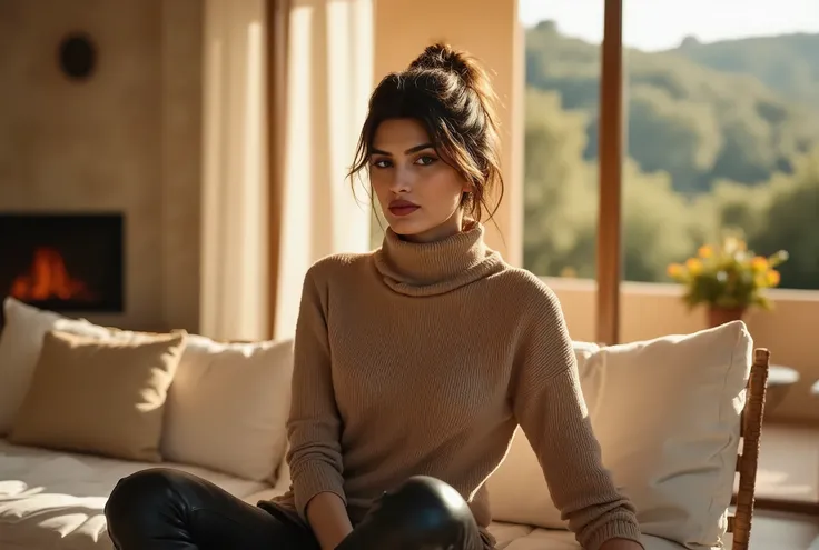 woman wearing a cowl neck sweater and leather pants, sitting in her fully stocked spanish villa, sunshine, godrays