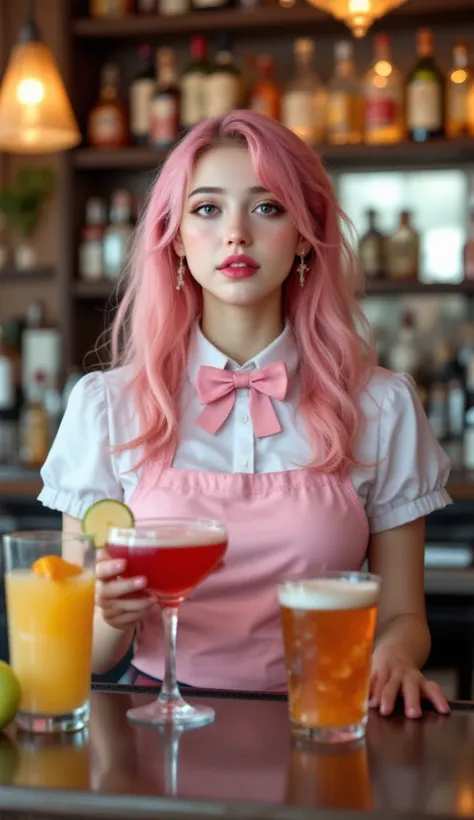 full-body photo with perfect anatomy, A beautiful girl with pink hair and a pink bar bartender uniform is making a few cocktails, professional 바텐더, professional, photorealistic, 4K, Extremely Precise Details, Professional level, vivid color, Bokeh