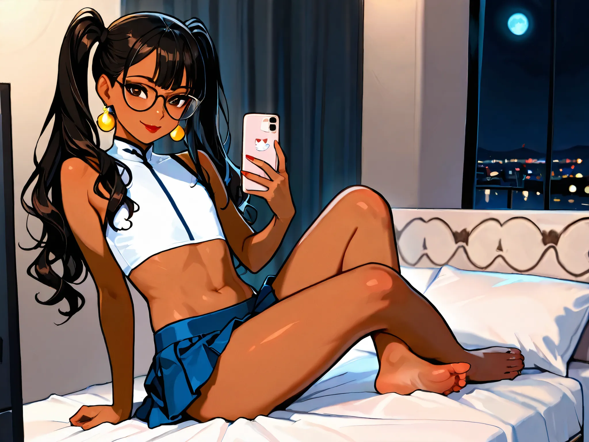 Otoko no ko, femboy, With a pleated microskirt. Sleeveless cropped top. Flat chest, Brown_eyes, eye glasses, black eyeliner, red lipstick gloss, showing the whole body, mature features, black hair, long wavy hair, long twin tails, hair bangs, brown_skin co...
