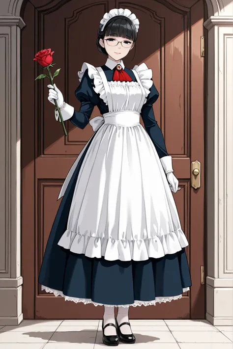 1 girl, solo,beautiful girl,adult,18 years old,black eyes,black hair,masterpiece,general,highres, ultra-detailed,very aesthetic,best quality,best hands,best eyes,perfect anatomy,anime coloring,easynegative,pale skin,BREAK,Victorian Maid,elegant gloves,whit...