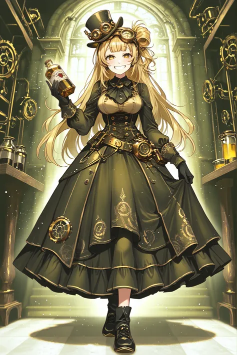 yellow half up hair,Steampunk dress,top hat,golden eyes,black shoes,black & yellow dress,alchemist,short bangs,smiling face,Hold a bottle of medicine in your hand,Put goggles on head,Best quality, black gloves,high resolution, masterpiece, 1 girl
