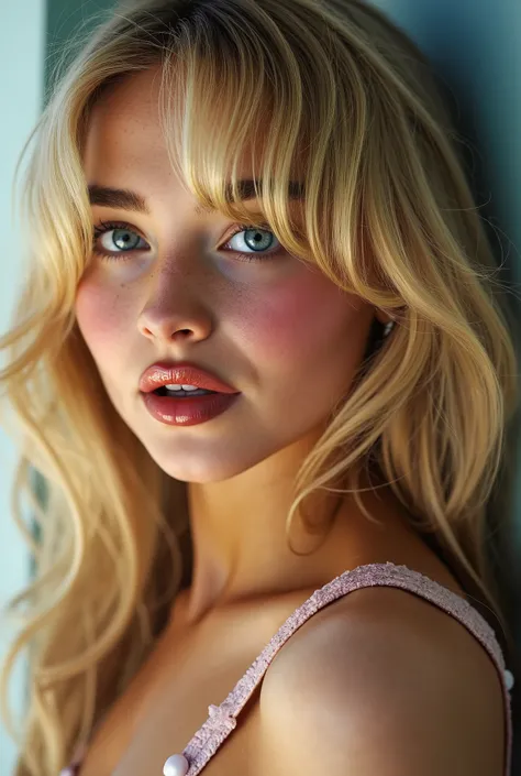 tween girl wavy blonde hair thin blue eyes ,photorealistic looking up freckles flirtatious mouth open 