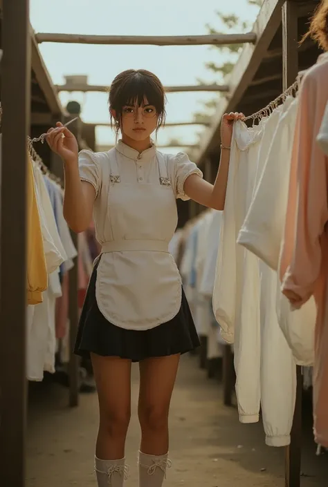 ((Highest Quality、masterpiece、high sensitivity、high resolution、detailed depiction、Delicate face、Ｆvalue：6.0),((Slender Woman、wearing glasses)),Maid Outfit、apron skirt、high socks with ribbons、Dry the washed clothes、