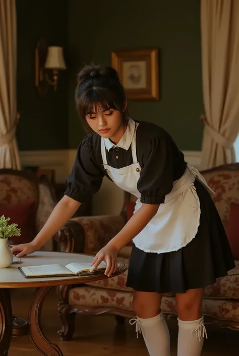 ((Highest Quality、masterpiece、high sensitivity、high resolution、detailed depiction、Delicate face、Ｆvalue：6.0),((Slender Woman、wearing glasses)),Maid Outfit、apron skirt、high socks with ribbons、Clean the living room of the mansion、