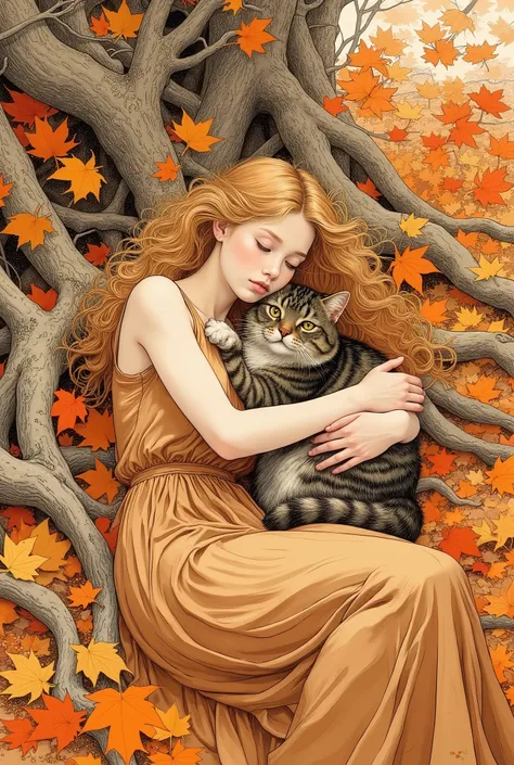 A beautiful young girl with long loose light beige curly hair lies with her eyes closed among the fallen autumn leaves and old tree roots. She gently presses her cheek against the fluffy tabby cat and hugs it. The girl is wearing a dress made in autumn ora...