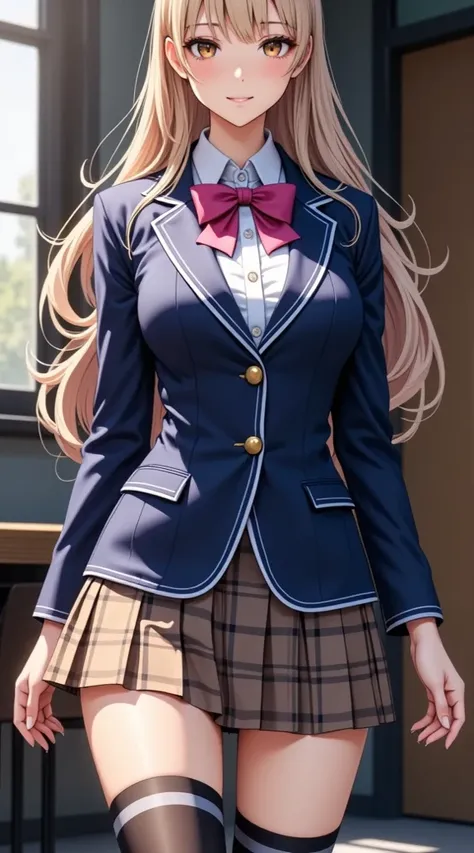  (Masterpiece,  computer, mejor quality,  Clear focus, shadow, anime style, Resolución ultra alta, 8K, perfect anatomy, perfect face, (detailed face), (  Detailed eye  ), score_9, score_8_above, score_7_above, score_6_above, score_5_above, score_4_above,  source _animated, Label 1, Label2, quality_Masterpiece, Anatomically correct, beautiful face, perfect face, Beautiful and highly detailed face and eyes, Attractive face, detailed face, delicate facial features, detailed skin, huge breasts, breast size cup D or DD, wide hips, gigantic butt, muslos gruesos. anime-style illustration of a beautiful woman with an elegant look and sensual hair with sexy hair Largo,  straight and light blonde ,  dressed in a modern Japanese school uniform . She wears a navy blue blazer with white trim and gold buttons, a white shirt with a pink ribbon with purple stripes, and a short plaid skirt in shades of brown and beige. She wears tall black socks with gray stripes. Her expression is serene and slightly smiling, with flushed cheeks and big amber eyes. The scene is set inside a school, with natural light coming through a window to the left and wooden doors in the background. 