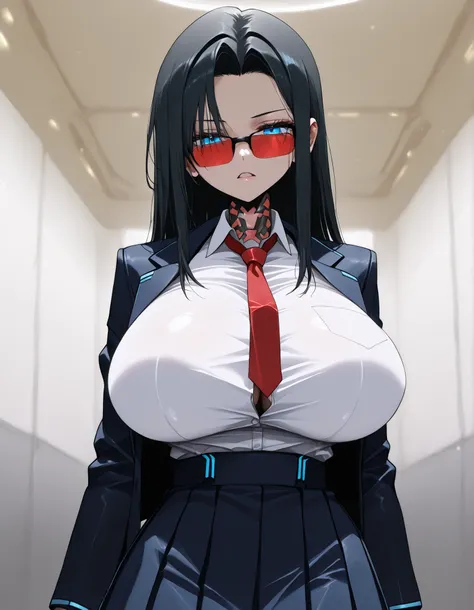 blue eyes、(dark haired、glasses) 、((school uniform、cyberpunk style、Armor、extremely large breasts))、Anime Style、High Definition、high quality、1girl、sexy、NSFW、cowboy shot