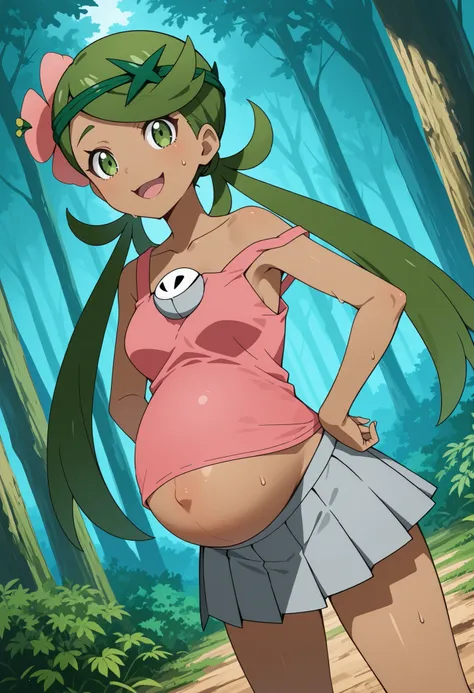 score_9, score_8_up, score_7_up, source_anime, mallow, 1girl, solo, long hair, bangs, hair ornament, twintails, green eye, flower, green hair, hair flower, dark skin, dark-skinned female, swept bangs, mallow (pokemon), wicked smile, open mouth, , looking a...