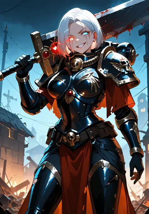 1girl,solo,sister of battle, warhammer 40000 universe,adepta sororitas,smirk, crazed eyes, (glowing eye trail:1.2), face scar,blood splatter,wearing a bulky ornate black armor, intricate details on armor,damaged armor,white hair,holding a greatsword over h...