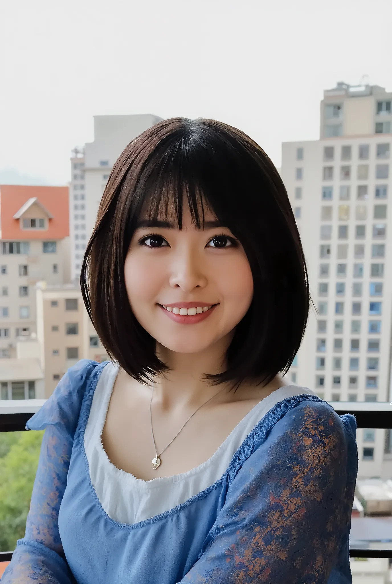 high resolution,4K,high quality,Masterpiece,extreme detail,like the picture,Realistic,HDR,Studio Lighting,Beautiful girl,Idol,bob hair,balcony,High Rise Apartment,Town,Smiling,cute,portrait,Night view,gown,夜のTown,gownを着ている,After a bath