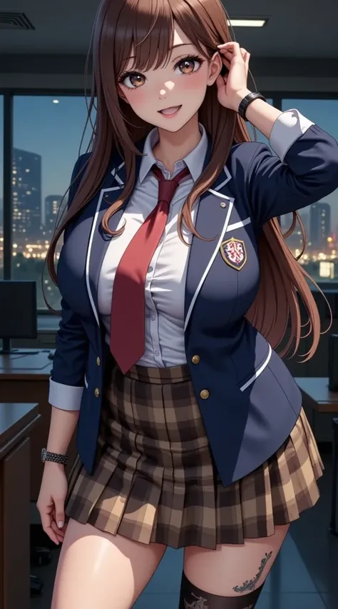  (Masterpiece,  computer, mejor quality,  Clear focus, shadow, anime style, Resolución ultra alta, 8K, perfect anatomy, perfect face, (detailed face), (  Detailed eye  ), score_9, score_8_above, score_7_above, score_6_above, score_5_above, score_4_above,  source _animated, Label 1, Label2, quality_Masterpiece, Anatomically correct, beautiful face, perfect face, Beautiful and highly detailed face and eyes, Attractive face, detailed face, delicate facial features, detailed skin, huge breasts, breast size cup D or DD, wide hips, gigantic butt, muslos gruesos. anime-style illustration of a beautiful woman with an elegant and sensual look with long brown hair, big and expressive eyes, and a suggestive facial expression. She wears a school uniform that includes a blue jacket with white trim, white shirt, red tie and plaid skirt in shades of brown. Her outfit is partially disjointed, exposing much of her torso, , giving her a provocative appearance. She also has multiple visible tattoos on her arms and chest. The background suggests an urban nocturnal environment, possibly an office or room with windows showing city lights.