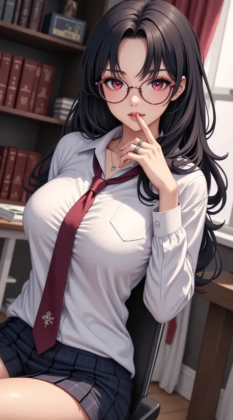  (Masterpiece,  computer, mejor quality,  Clear focus, shadow, anime style, ultra high resolution, 8K, perfect anatomy, perfect face, (detailed face), (  Detailed eye  ), score_9, score_8_above, score_7_above, score_6_above, score_5_above, score_4_above,  source _animated, Label 1, Label2, quality_Masterpiece, Anatomically correct, beautiful face, perfect face, Beautiful and highly detailed face and eyes, Attractive face, detailed face, delicate facial features, detailed skin, huge breasts, breast size cup D or DD, wide hips, gigantic butt, muslos gruesos. Anime-style illustration of a beautiful woman with an elegant and sensual look. An anime-style woman sitting in an indoor environment, possibly a bedroom or study, } with a window in the back where natural light enters.  has long , wavy and black with bluish reflections, big ruby red eyes and wears round glasses. His expression is sensual and thoughtful, with a hand gently touching his lips. He wears a tight white shirt with buttons, slightly fitted to the body, wearing a loose maroon tie. She wears a skirt short schoolgirl with dark squares. As accessories, he wears a ring with shiny stone, a necklace with a pendant in the shape of a star or mystical symbol, and a silver bracelet on the wrist. In the background you can see books on a bookshelf, a red one and a modern academic environment. The lighting is warm and soft, accentuating an intellectual and seductive air.