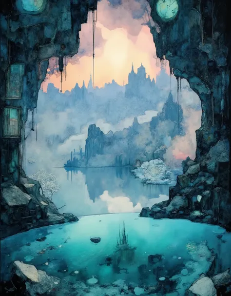 Realistic digital image of a mysterious hot spring surrounded by endless Arctic ice. Close-up: crystal clear turquoise water pulsates with warmth, creating a contrast with icy walls and sparkling snow patterns. Steam billows above the surface, mixing with ...