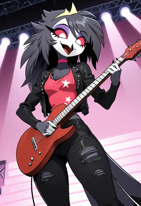 score_9, score_8_up, score_7_up, score_6_up, score_5_up, score_4_up, solo, octavia from helluva boss, avian bird demon owl owl_demon, beak, red sclera, detailed, beautiful, female, vector, small breasts, wide hips, happy, long hair, on stage, playing guita...