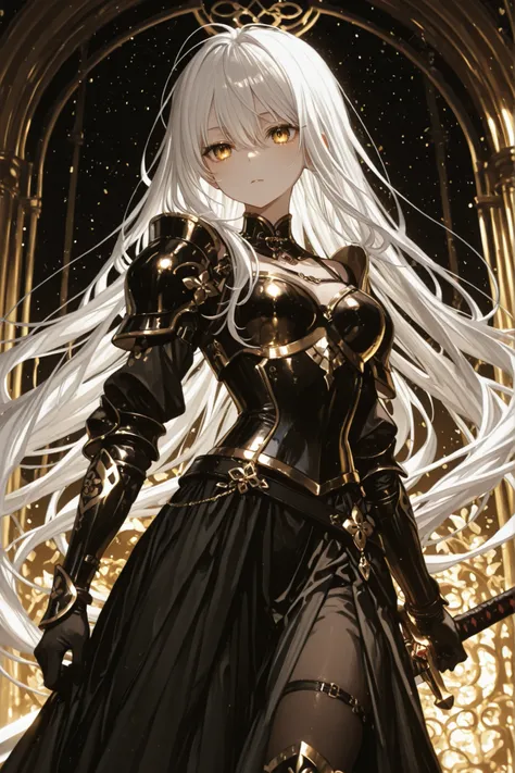 Beautiful girl、Knight、golden eyes、white hair、super long hair、Slim、Underexposed black armor、long skirt、 and I'm wearing a sword、Mysterious Atmosphere、masterpiece、top quality