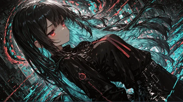 1girl, black hair , long-pony tail hair style , turquoise colored inner hair , red eyes , dynamic dutch angle, abstract background, abstract, glitch:1.7, absurdres, masterpiece, best quality, highres,