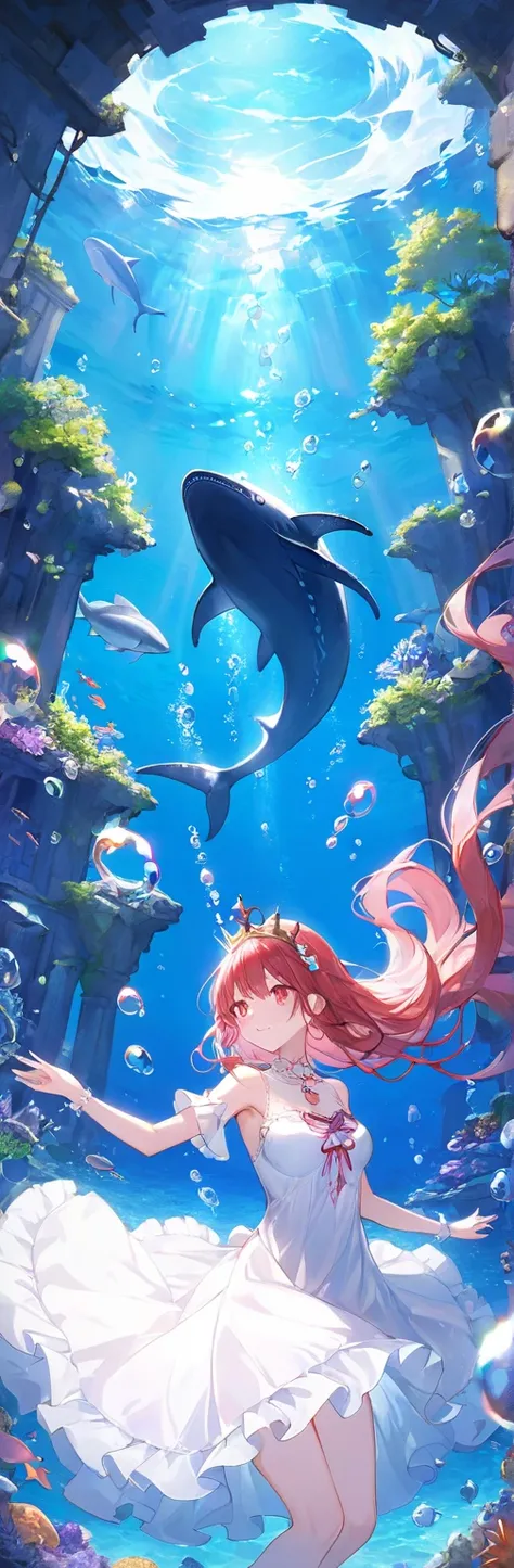 1 girl、in water、dark deep sea bottom、dark ocean bottom、ruins、Beautiful Red Hair、ribbons in the hair、Red Eyes、Delicate and luxurious dress in white and pink、frills 、 embroidery 、frills 、 gem 、 Dance at the bottom of the deep sea、Limrit's Eye 、、fantastic deep sea city background、An old, gorgeous undersea city in the background、masterpiece、Highest Quality、great quality、very aesthetic、absurd、Newest、 detailed expression 、 The girl is the queen of the undersea city、many transparent water bubbles in various sizes and shapes, floating around the girl, some large and some tiny, sparkling in the light, soft dreamy atmosphere
