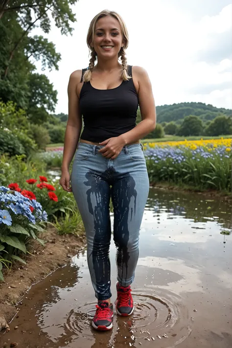 Scandinavian woman, blonde hair in braids, smiling, slender body, round hips, (large breasts), ((light faded jeans)), (dark tank top), (sneakers), standing in a field filled with flowers, sunny day,(legs wide apart), ((wet pants)), (water running down on h...