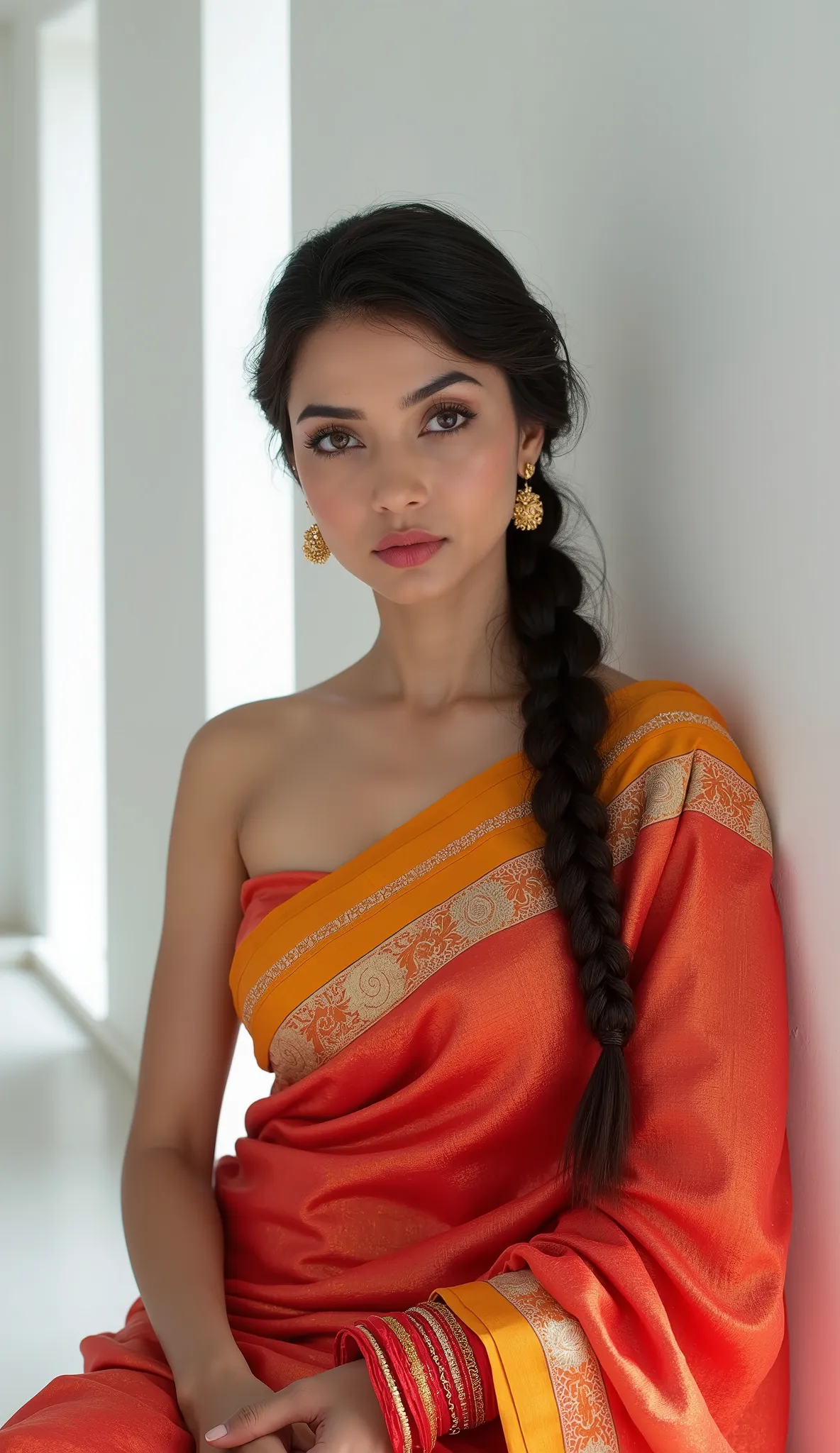 highdefinition images、Beautiful white South Indian woman with long single plate hairstyle, a woman wearing a saree, sexy pose, a woman wearing a saree, in a white blank room , woman looking at camera, Woman dancing with old man