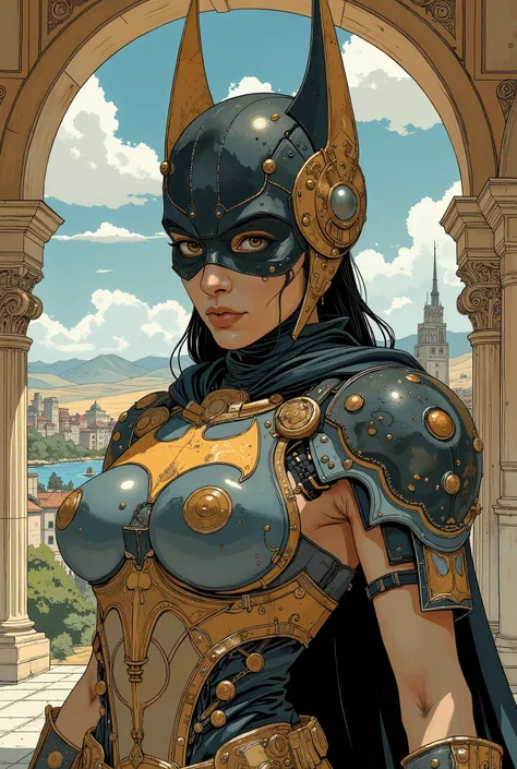 This batgirl carries a beautiful batgirl armour, inspired by antique Greek hoplites. Casque de hoplite grecque. . ((Greek armor)). Splendor grecque antique. ((Big breasted)). ((Sexy))