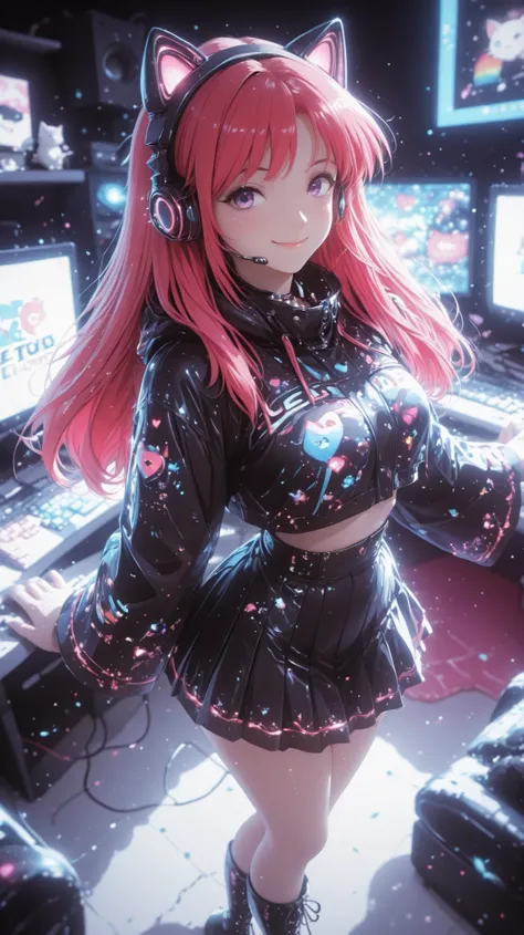  A beautiful woman, (nice curves), with long red hair with pink tips and bright purple eyes, (eyes rich in detail), (eyes detailed), wearing a futuristic black outfit with bright blue details on the sleeves. She wears cat-ear headphones and a headset micro...