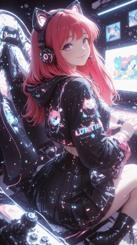  A beautiful woman, (nice curves), with long red hair with pink tips and bright purple eyes, (eyes rich in detail), (eyes detailed), wearing a futuristic black outfit with bright blue details on the sleeves. She wears cat-ear headphones and a headset micro...