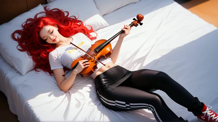 score_9, ultra-realistic cinematic photo of a young woman with long red hair sleeping peacefully on a soft white bed, relaxed expression, delicate eyelashes, partially covered by a light blanket, soft shadows and natural lighting from the window, above he...