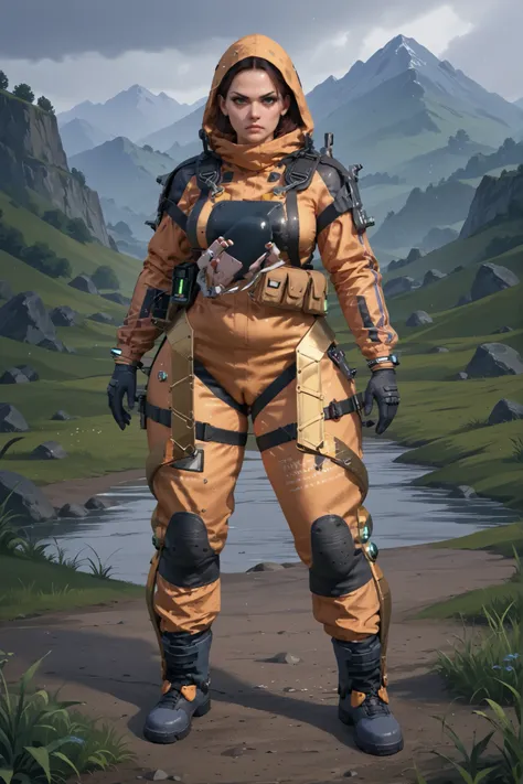 score_9_up,score_8_up,score_7_up,score_6_up,score_5_up,score_4_up,zPDXL,
standing,front view, mature female, serious face, heroic pose, one hand on hip, side, huge thick thighs
bridgesuit,triangle,raining,water drop,water in the background, staning in gras...