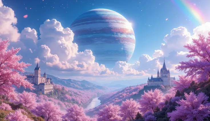 (( Astonishingly )),(Masterpiece:1.2),超High resolution, Attention to detail, high quality, High resolution, 最high quality, 4k, 8K、 very beautiful、fantasy landscape and heavenly、landscape、Sky blue and infinite pink、A rainbow appears、There are a lot of beaut...