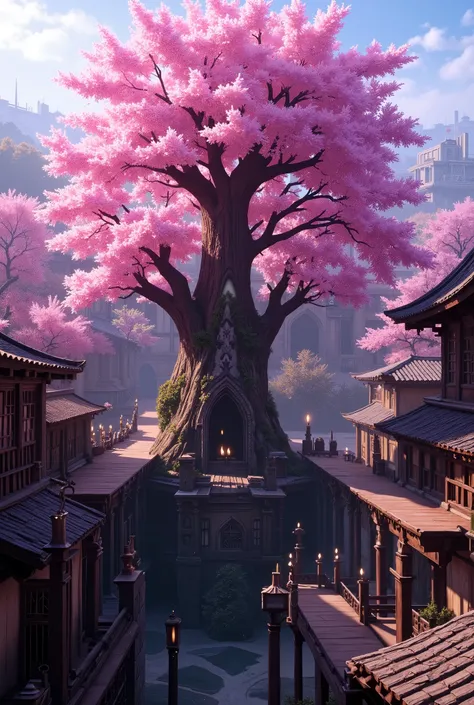 sakura tree and medieval town with Japanese appearance