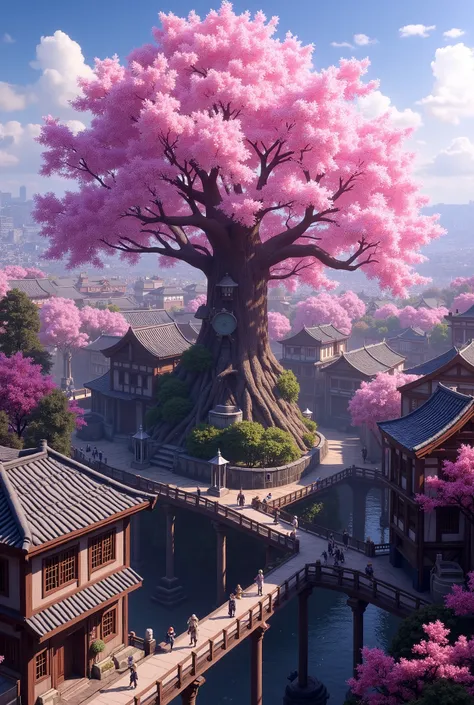 sakura tree and medieval town with Japanese appearance