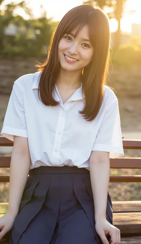masterpiece, (nsfw:1.3), (cinematic portrait:1.3),  Beautiful artistic portrait, young Japanese high school student girl, (large breasts girl), sitting elegantly on wooden park bench, white cotton shirt with collar, navy blue knee-length pleated skirt, han...