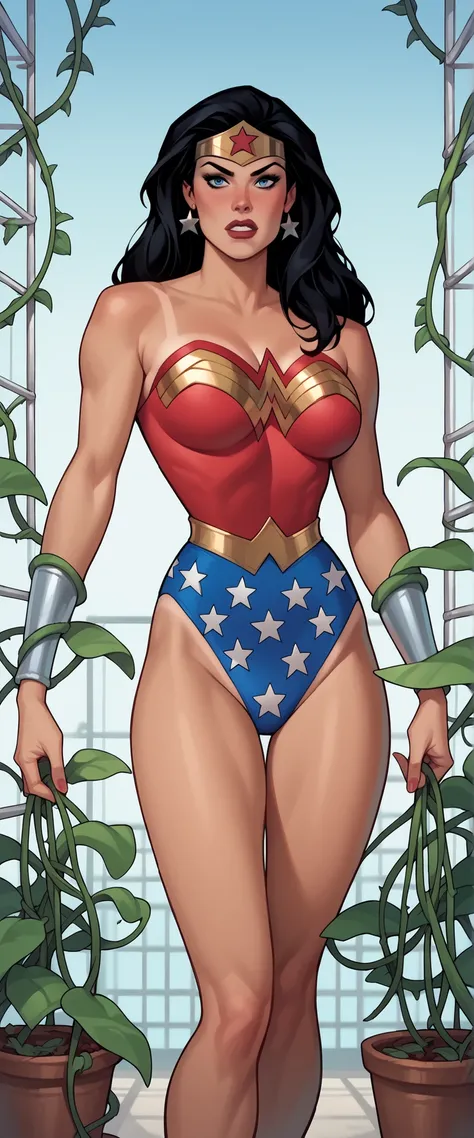 score_9, score_8_up, score_7_up, score_6_up, source_cartoon, source_western, AdamHughesStyle, wonderwoman, 1girl, (tanned skin), wonderwoman costume, touching plants, thorny vines, giant roses, conservatory background