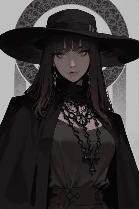  A striking portrait of a fashionably goth woman, rendered with detailed linework and a monochromatic color palette of black, gray, and hints of dark brown/black, featuring a wide-brimmed black hat and numerous dark necklaces and accessories.,masterpiece, ...