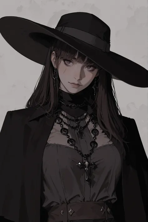  A striking portrait of a fashionably goth woman, rendered with detailed linework and a monochromatic color palette of black, gray, and hints of dark brown/black, featuring a wide-brimmed black hat and numerous dark necklaces and accessories.,masterpiece, ...
