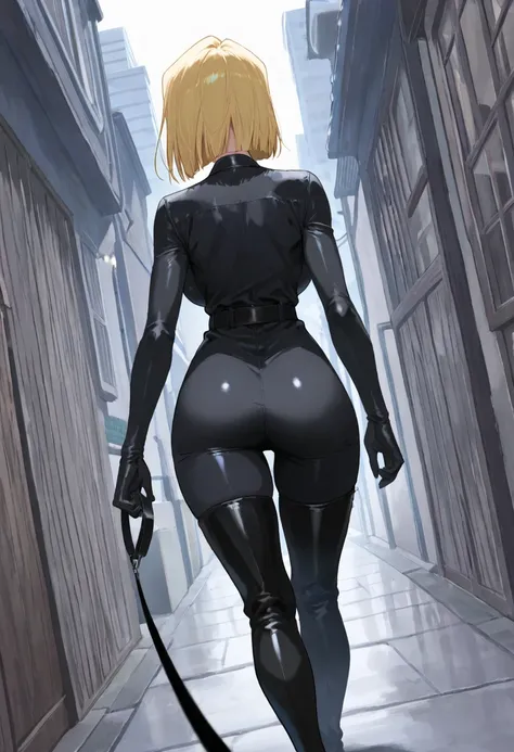 one girl , Alone, Android 18, black latex bodysuit , black boots, blck thigh boots、 black tights、evil, look behind, from behind、 general , Masterpiece, top quality, So Aesthetic , anime screen capture , Big Breasts、 dutch angle, general , Masterpiece, top ...