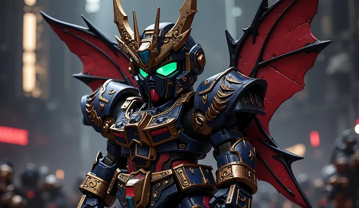 Male biomimetic humanoid Mecha, full-body, exuding both immense power and uncanny agility. Its bat-inspired organic biotech armor is predominantly obsidian black and venous crimson, with accents of spectral purple and bioluminescent green. Features include...