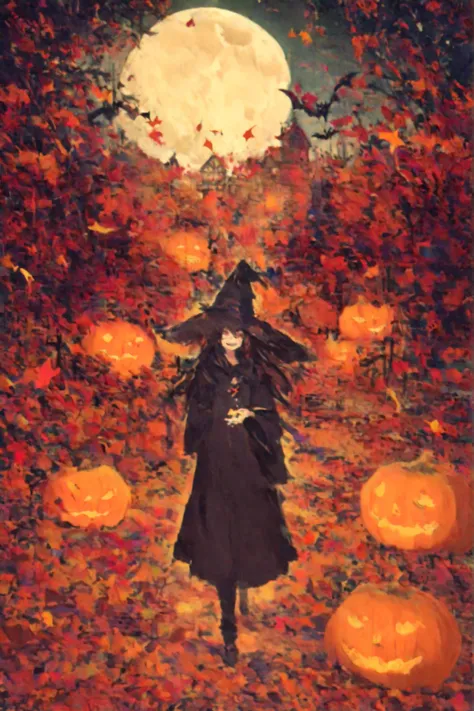 will appear in the quaint wooden cottage, I have a thin cane topped with a carved pumpkin,  bats from 200 years ago are 、large. figure The autumn leaves with an orange glow, This spectral figure characteristic of Halloween motifs, dark hair. viewers , The ...