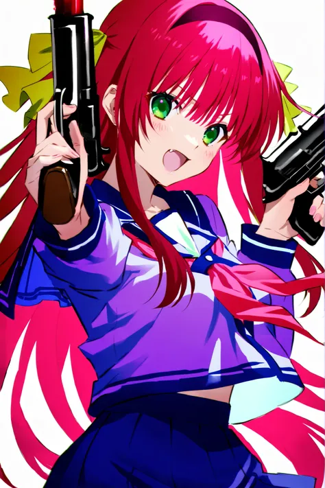 top quality、wine red hair long、Green Eyes、school uniform、Yuri Nakamura、(carrying two guns in both hands)++、solo