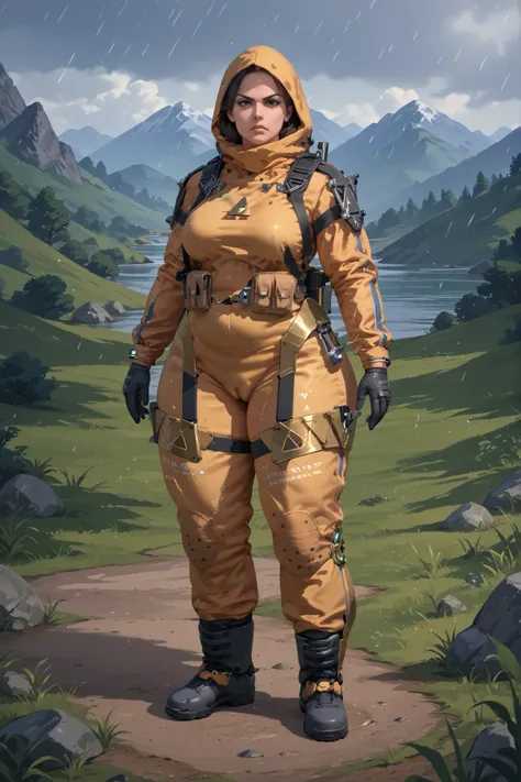 score_9_up,score_8_up,score_7_up,score_6_up,score_5_up,score_4_up,zPDXL,
standing,front view, mature female, serious face, heroic pose, one hand on hip, side, huge thick thighs, black pod on chest
bridgesuit,triangle,raining,water drop,water in the backgro...