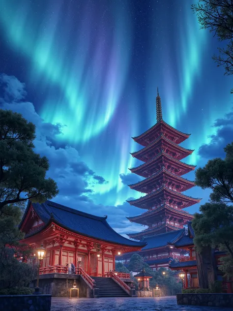Sensoji Temple、Five-story pagoda、nostalgic、Angle of view when looking up at an angle from below、 auroras in the sky、night、Another world style
