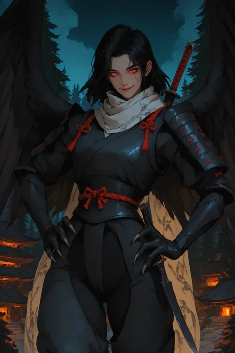 solo, female, harpy girl, wings on back, black Japanese armor, night, close up, wings, tengu girl, black wings, hand on hip, black scaled hands, claws, talon hands, short sword, light red eyes, short black hair, massy hair, pine forest, relaxed pose, wings...