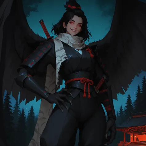 solo, female, harpy girl, wings on back, black Japanese armor, night, close up, wings, tengu girl, black wings, hand on hip, black scaled hands, claws, talon hands, short sword, light red eyes, short black hair, massy hair, pine forest, relaxed pose, wings...
