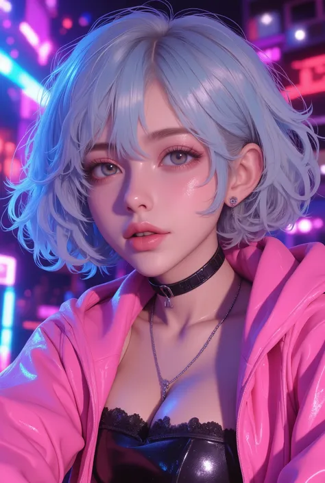 Superb Masterpiece High Quality High Definition Beautiful 8K Semi-Real 2.5Anime style digital anime art cute woman, Light Blue and Silver Hair Color, short bob,, Colorful Backgrounds, She's Wearing a Shocking Pink Hoodie, Piercings galore, Punk and Bad Gi...