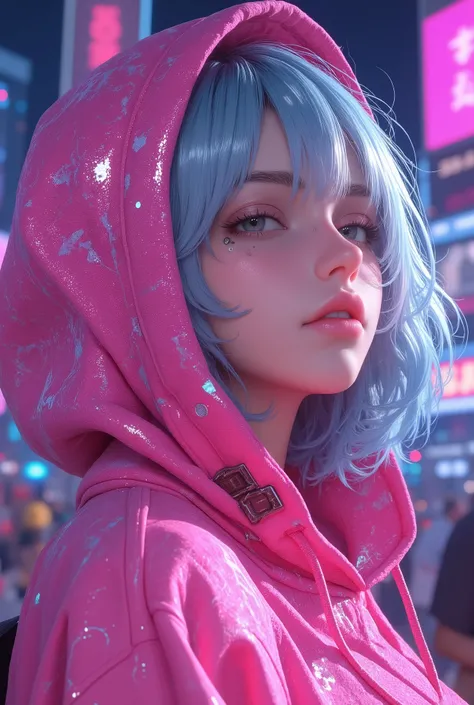 Superb Masterpiece High Quality High Definition Beautiful 8K Semi-Real 2.5Anime style digital anime art cute woman, Light Blue and Silver Hair Color, short bob,, Colorful Backgrounds, She's Wearing a Shocking Pink Hoodie, Piercings galore, Punk and Bad Gi...