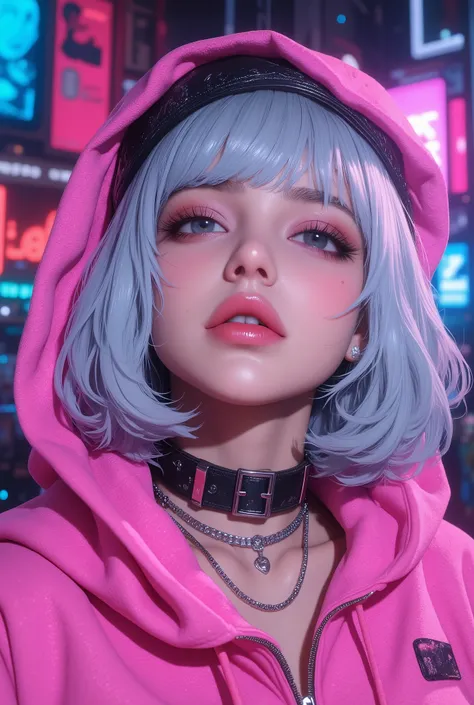 Superb Masterpiece High Quality High Definition Beautiful 8K Semi-Real 2.5Anime style digital anime art cute woman, Light Blue and Silver Hair Color, short bob,, Colorful Backgrounds, She's Wearing a Shocking Pink Hoodie, Piercings galore, Punk and Bad Gi...