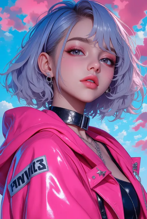 Superb Masterpiece High Quality High Definition Beautiful 8K Semi-Real 2.5Anime style digital anime art cute woman, Light Blue and Silver Hair Color, short bob,, Colorful Backgrounds, She's Wearing a Shocking Pink Hoodie, Piercings galore, Punk and Bad Gi...