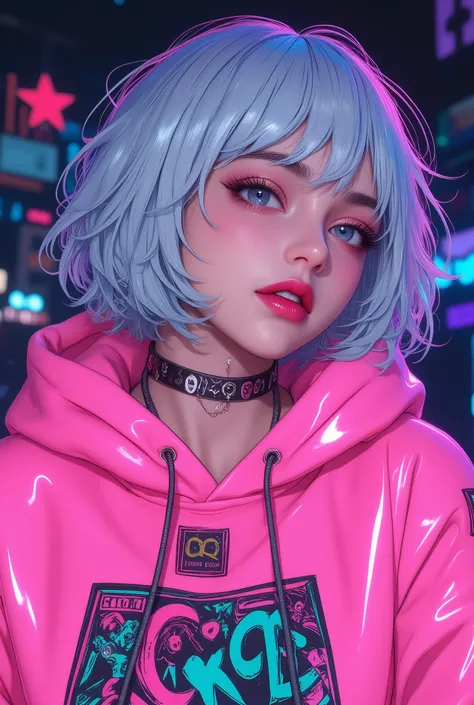 Superb Masterpiece High Quality High Definition Beautiful 8K Semi-Real 2.5Anime style digital anime art cute woman, Light Blue and Silver Hair Color, short bob,, Colorful Backgrounds, She's Wearing a Shocking Pink Hoodie, Piercings galore, Punk and Bad Gi...